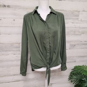 Maeve by Anthroplogie Olive Green Button-Up Blouse, Ties At The Waist